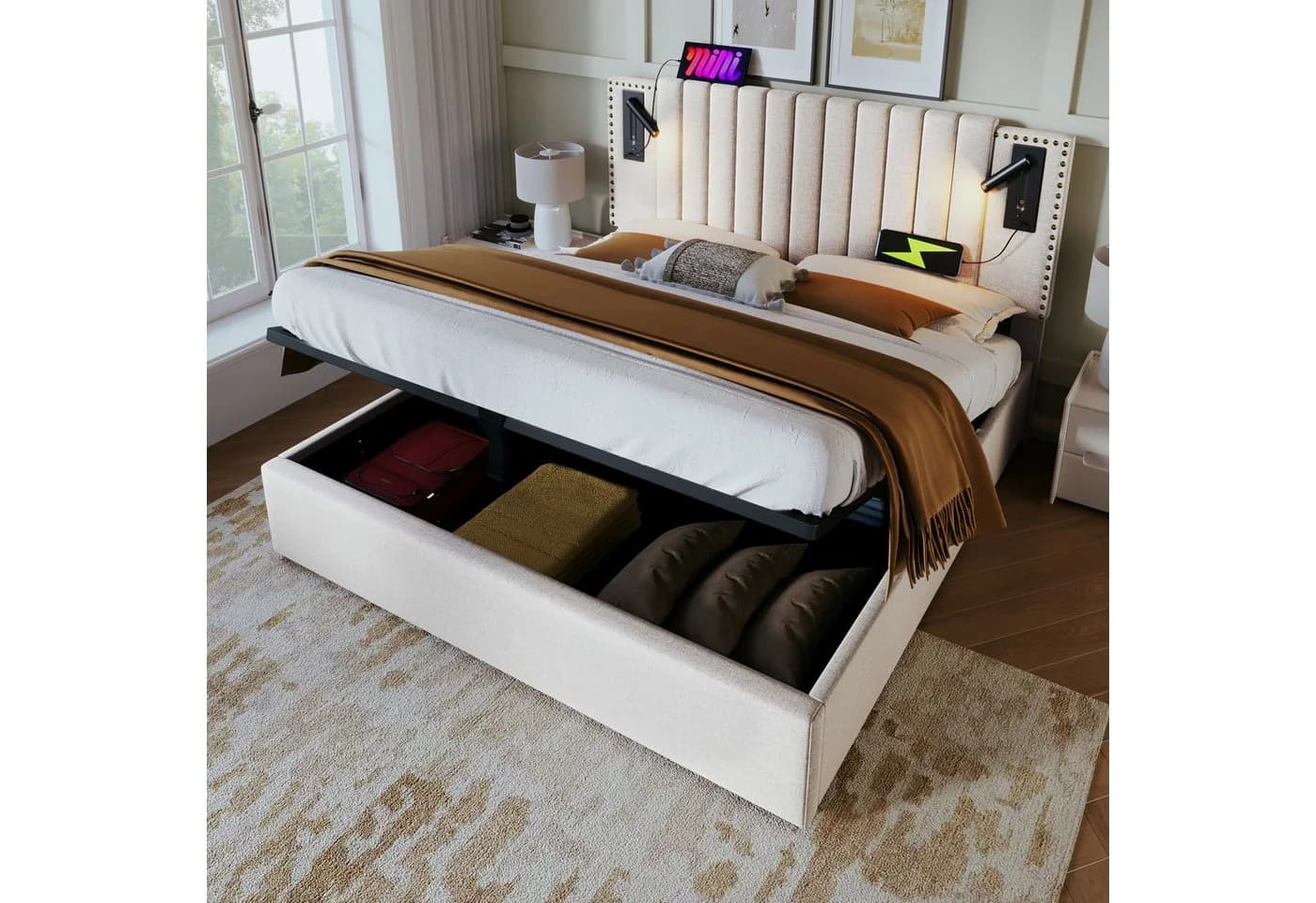 Flieks Polsterbett mit Stauraum und Leselampe Beige