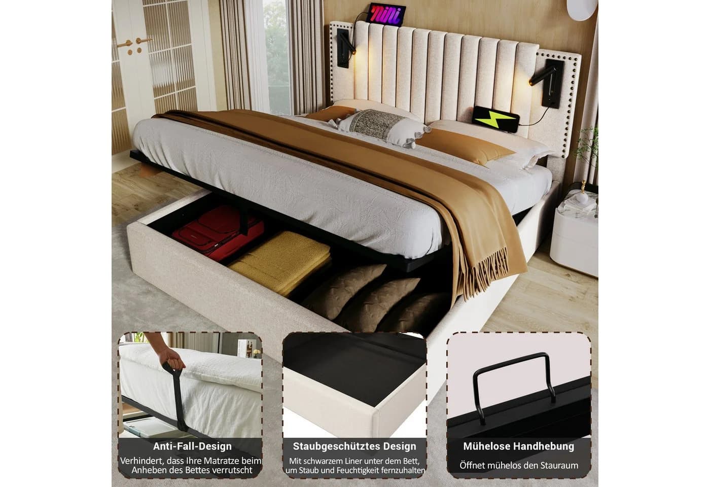 Flieks Polsterbett mit Stauraum und Leselampe Beige - Bild 4