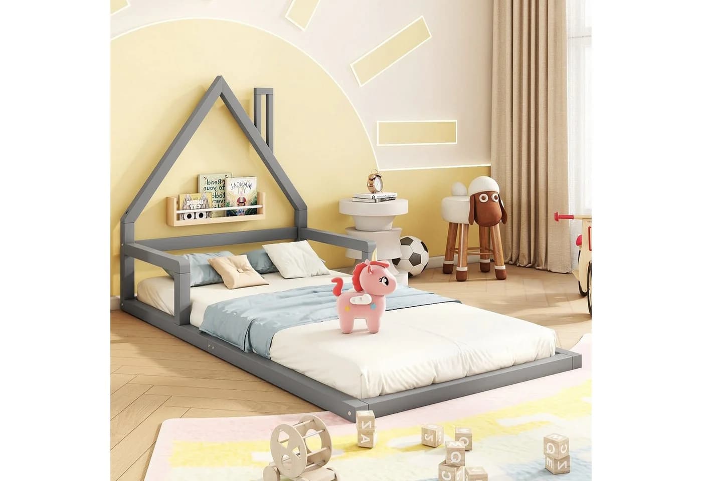 Flieks Kinderbett Hausbett 90x200cm Kiefernholz Grau