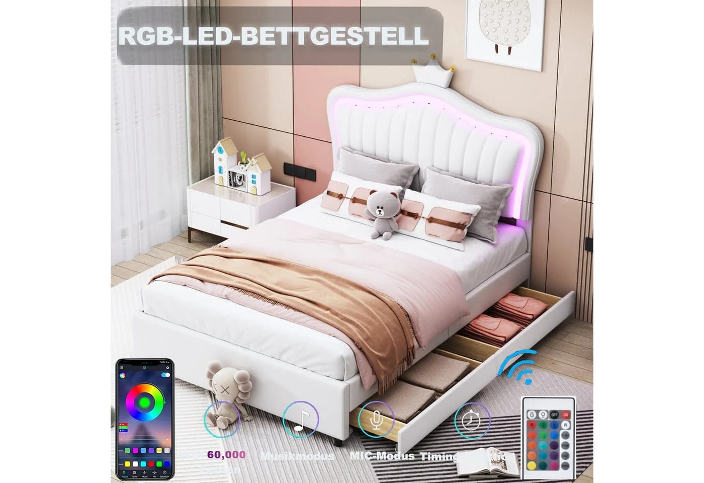 Flieks Polsterbett Weiß mit LED-Beleuchtung und 2 Schubladen - Bild 4