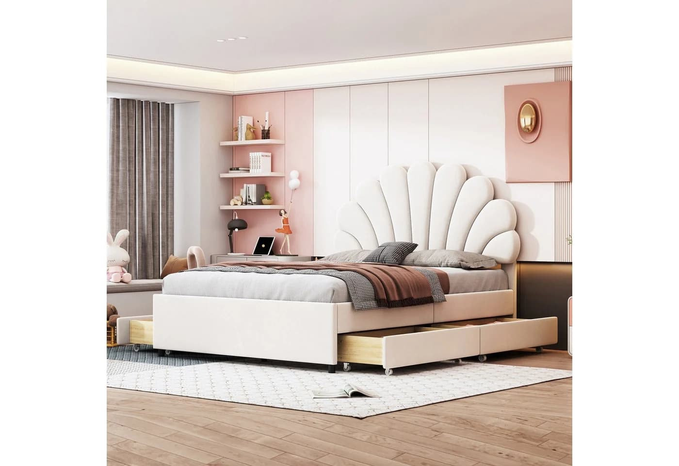 Flieks Polsterbett Blumenform Samt Beige 140x200cm mit Schubladen