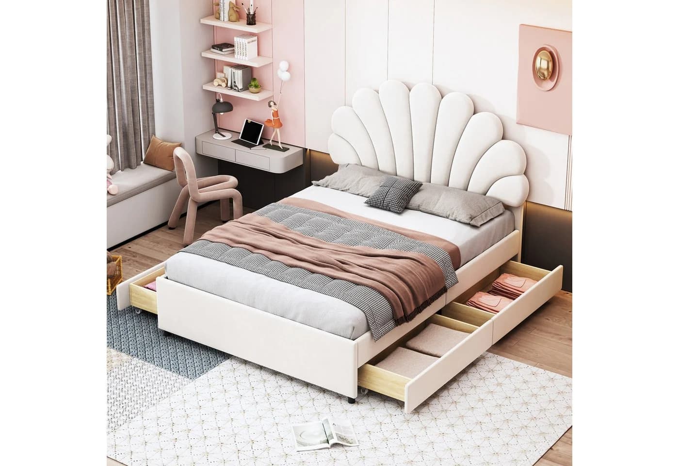 Flieks Polsterbett Blumenform Samt Beige 140x200cm mit Schubladen - Bild 2