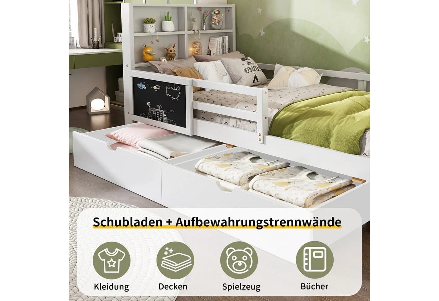 Flieks Kinderbett Kiefer Massivholz mit Schubladen und Tafel