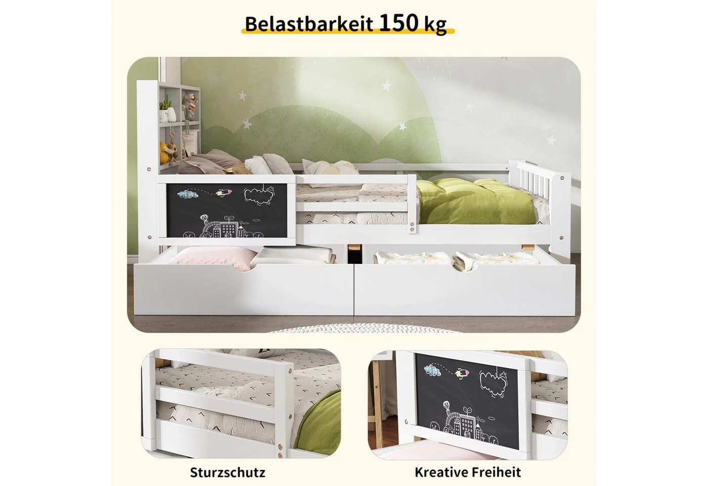 Flieks Kinderbett Kiefer Massivholz mit Schubladen und Tafel - Bild 3