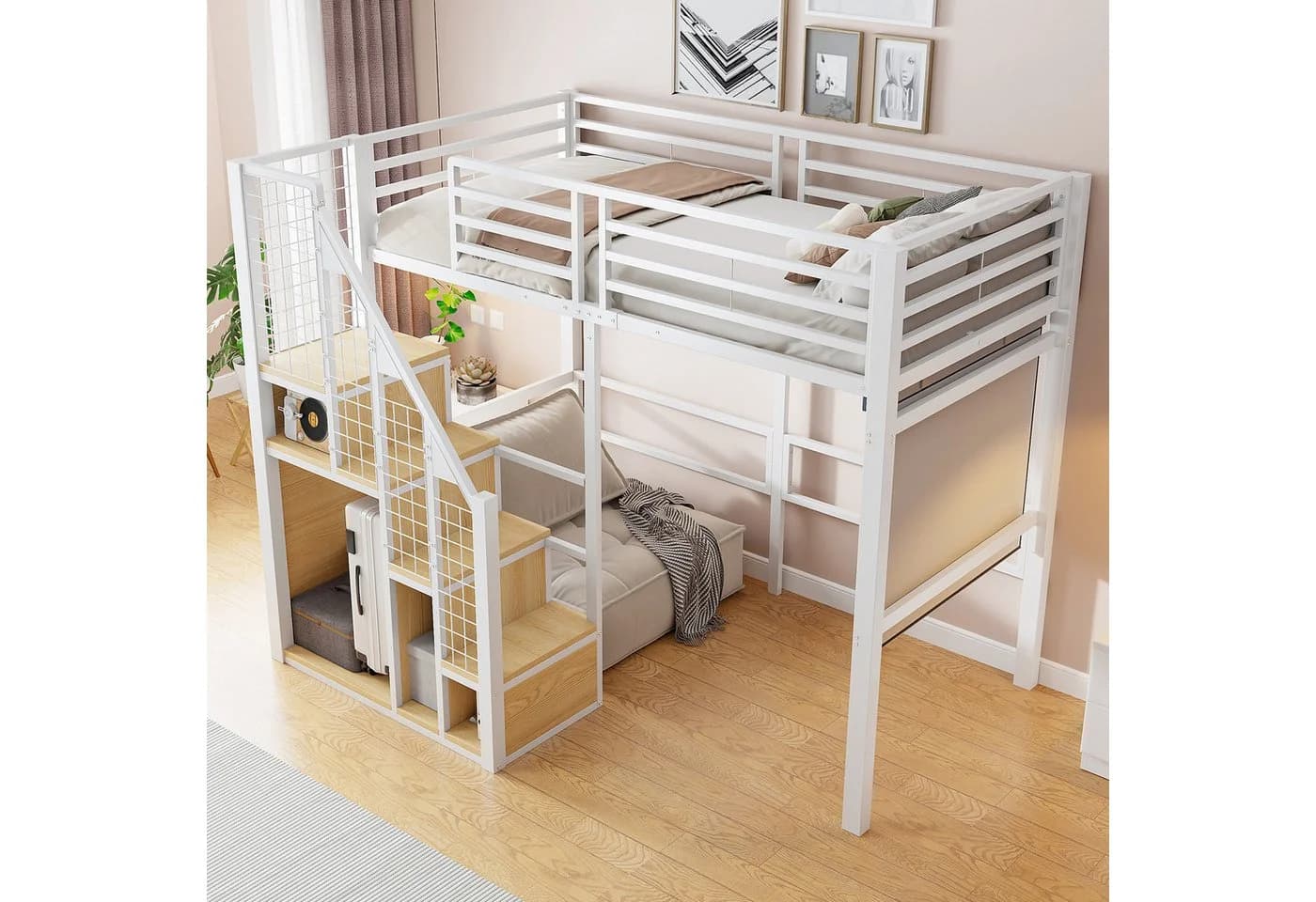 Flieks Hochbett Einzelbett 90x200cm mit Stauraumtreppe Weiß - Bild 3