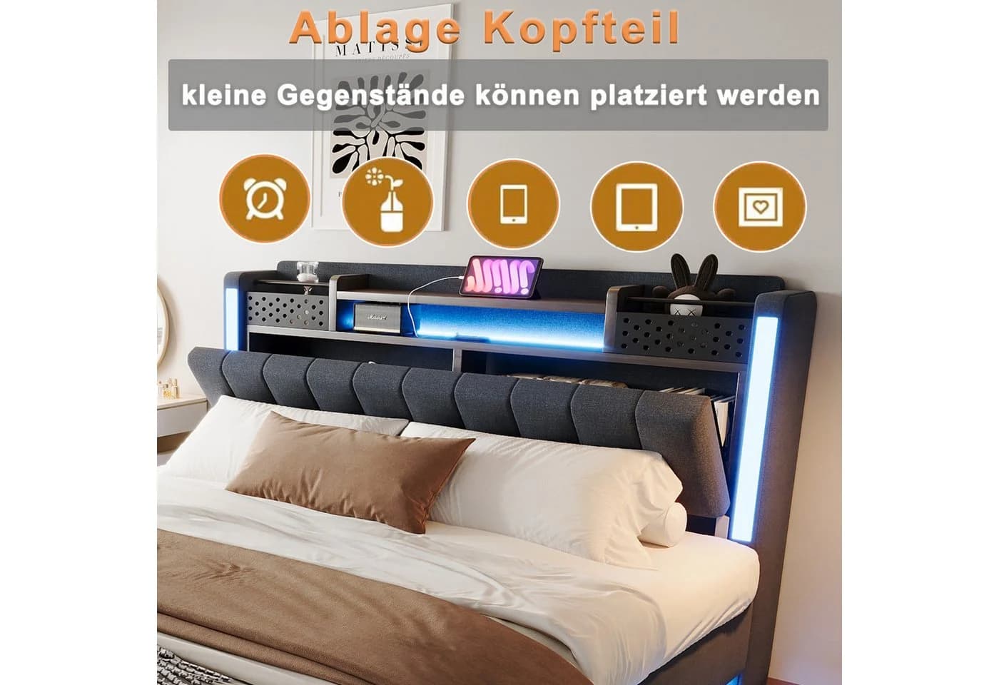 Flieks Polsterbett LED Schwebebett Grau USB Stauraum - Bild 5