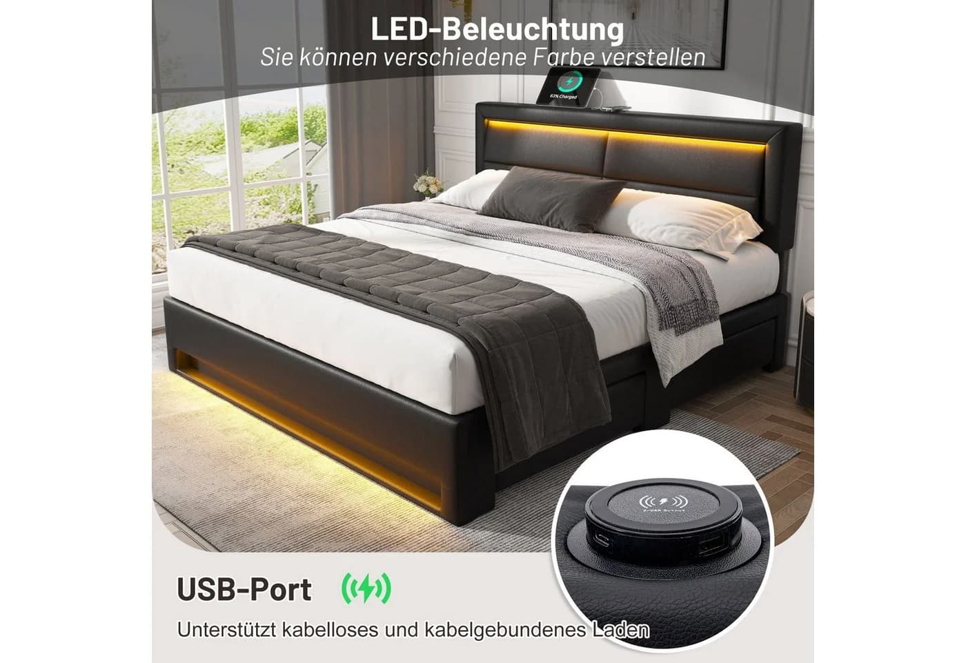 Flieks Polsterbett LED mit USB und Schubladen Schwarz - Bild 3