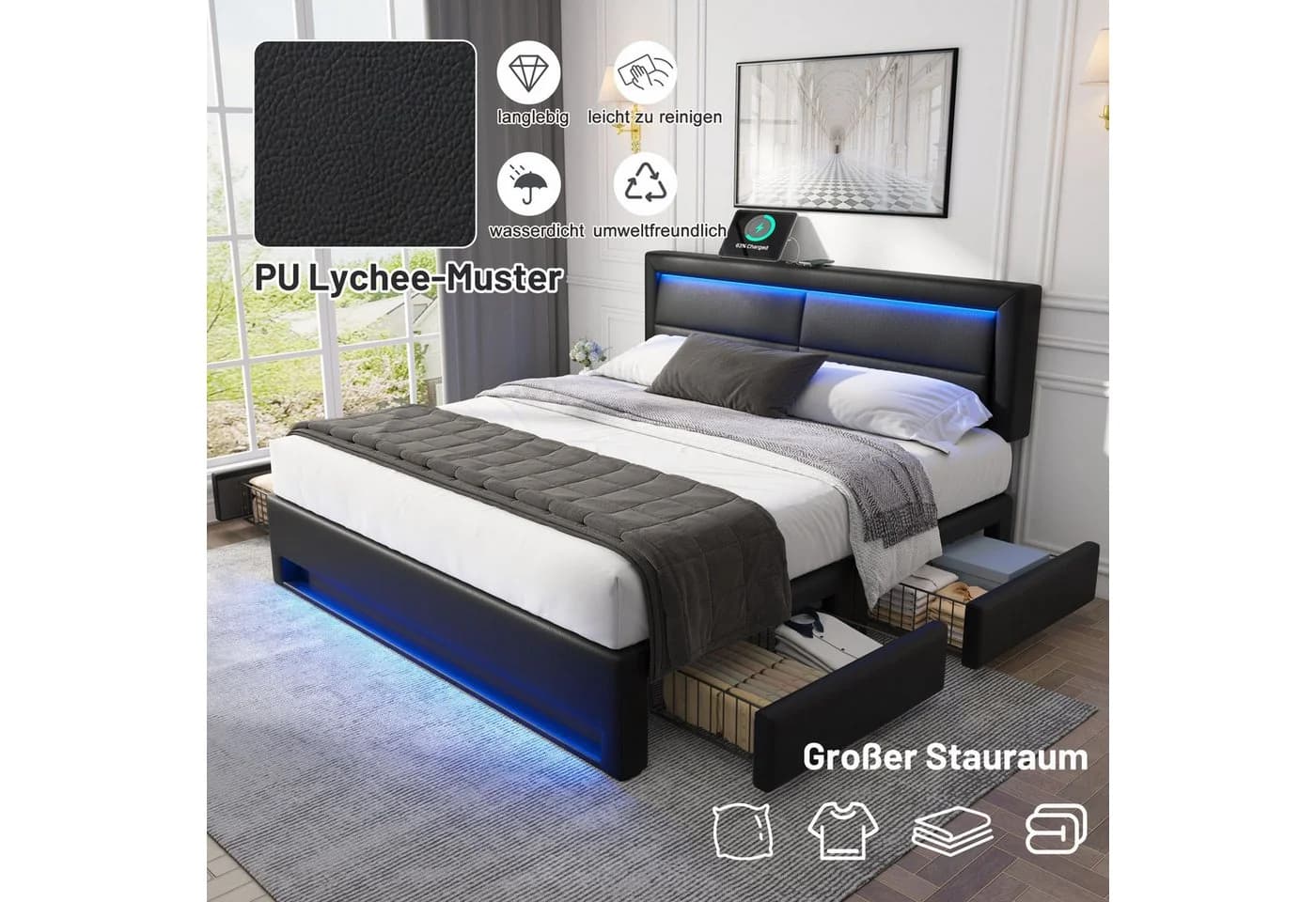 Flieks Polsterbett LED mit USB und Schubladen Schwarz - Bild 4