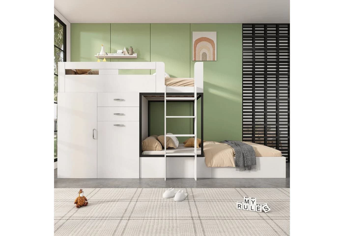 Flieks Etagenbett Kinderbett 90x200cm mit ausziehbarem Tisch Garderobe großem Stauraum
