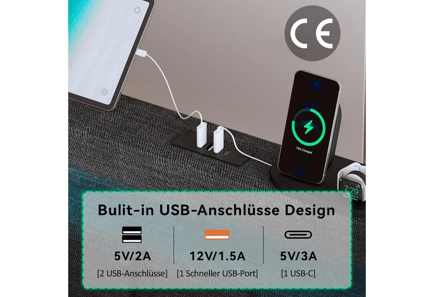 Flieks Polsterbett LED Beleuchtung Einzelbett 90x200cm mit Ladefunktion und 2 Schubladen - Bild 4