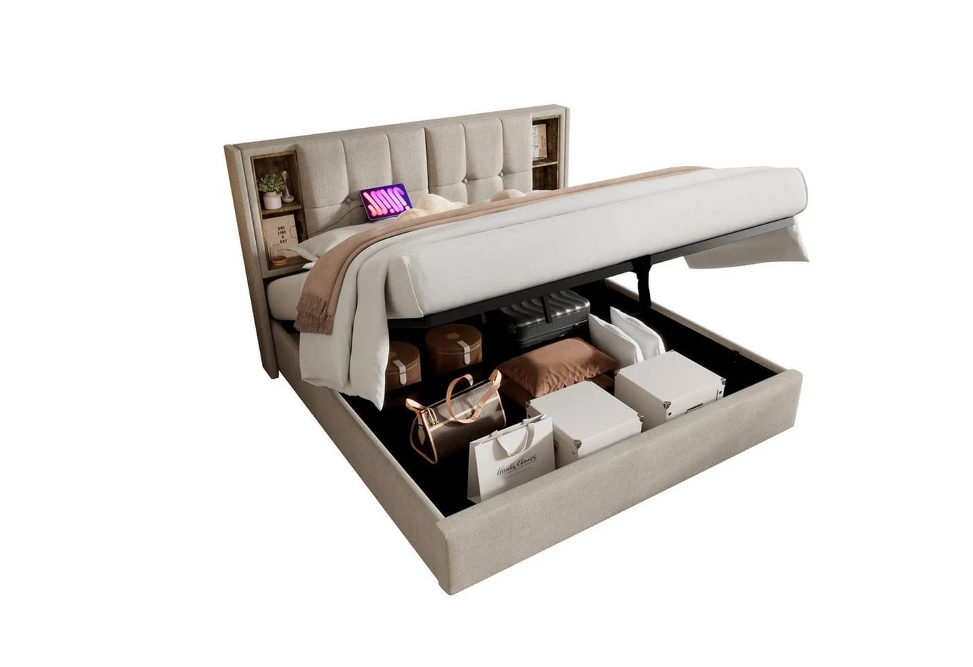 Flieks Polsterbett mit USB-Ladefunktion und Stauraum Leinen Beige - Bild 2