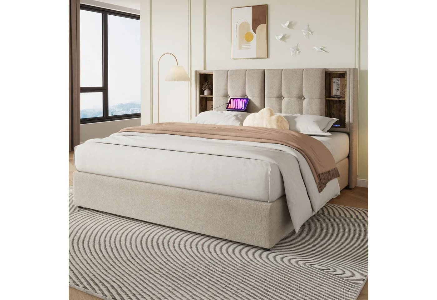 Flieks Polsterbett mit USB-Ladefunktion und Stauraum Leinen Beige - Bild 3