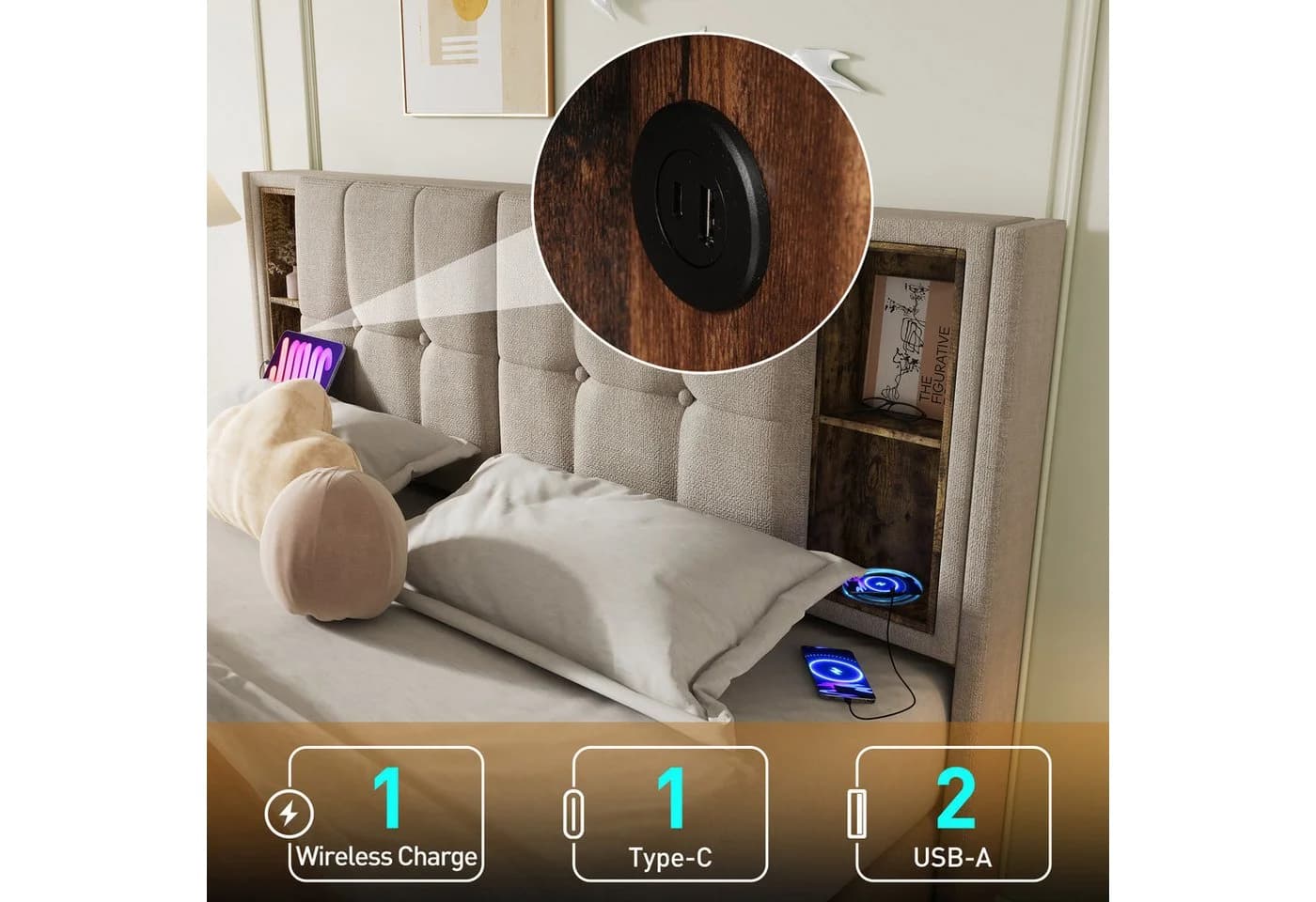 Flieks Polsterbett mit USB-Ladefunktion und Stauraum Leinen Beige - Bild 5