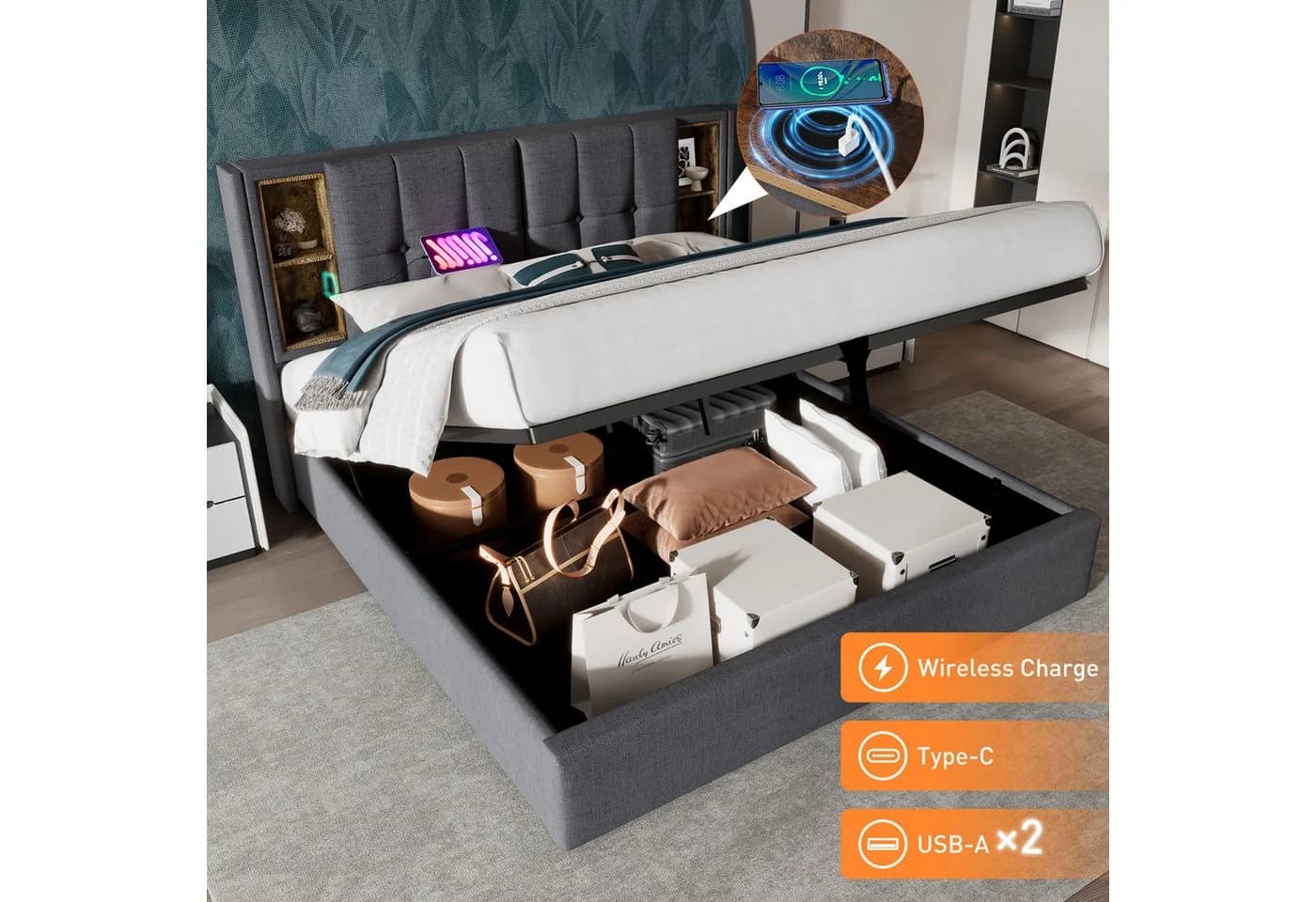 Flieks Polsterbett 160x200 Grau mit USB-Ladefunktion & Stauraum - Bild 4
