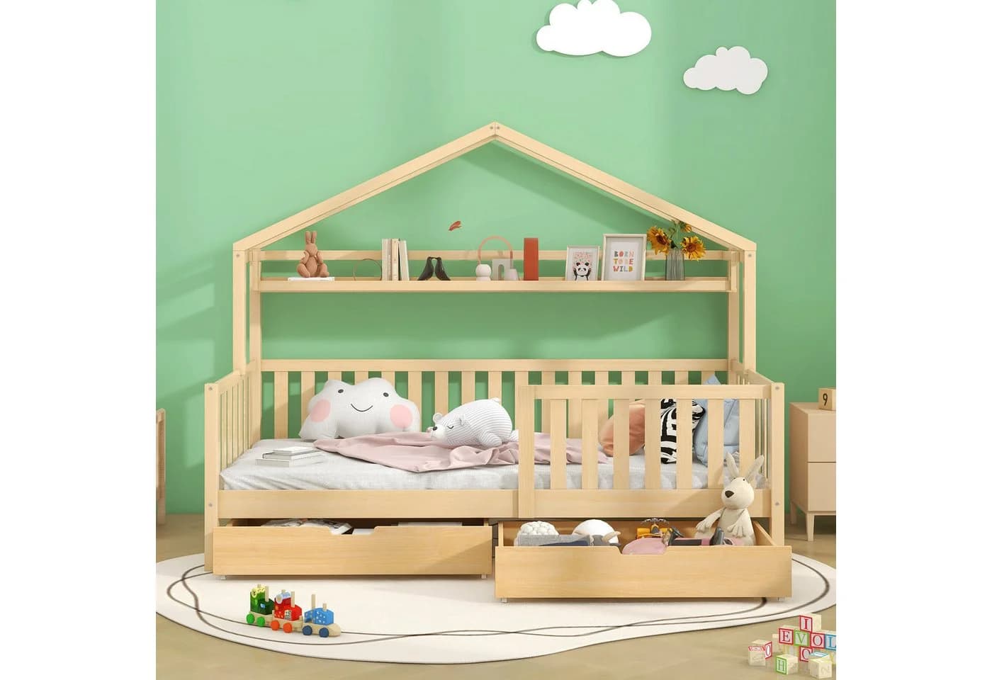 Flieks Kinderbett Hausbett Einzelbett Kiefer mit Ablageregal und 2 Schubladen