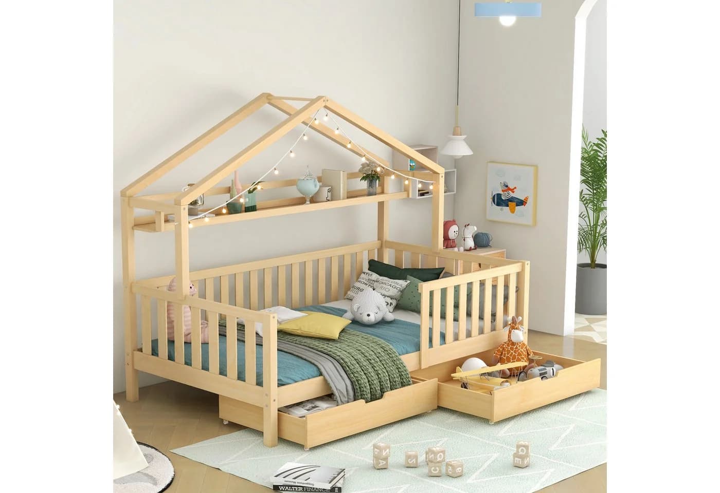 Flieks Kinderbett Hausbett Einzelbett Kiefer mit Ablageregal und 2 Schubladen - Bild 2