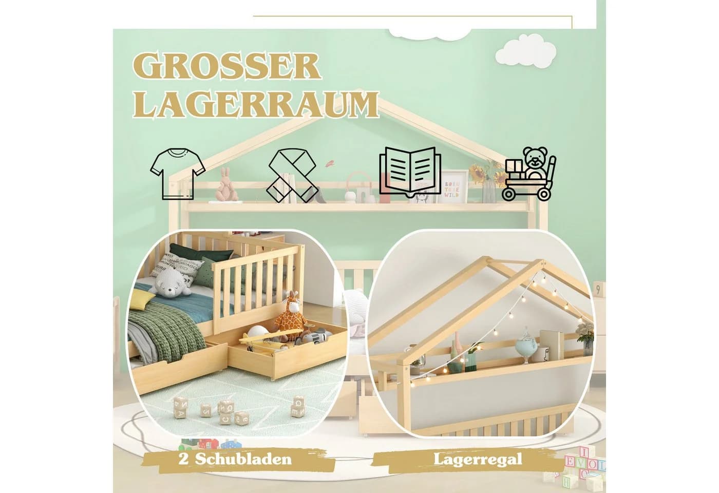 Flieks Kinderbett Hausbett Einzelbett Kiefer mit Ablageregal und 2 Schubladen - Bild 3