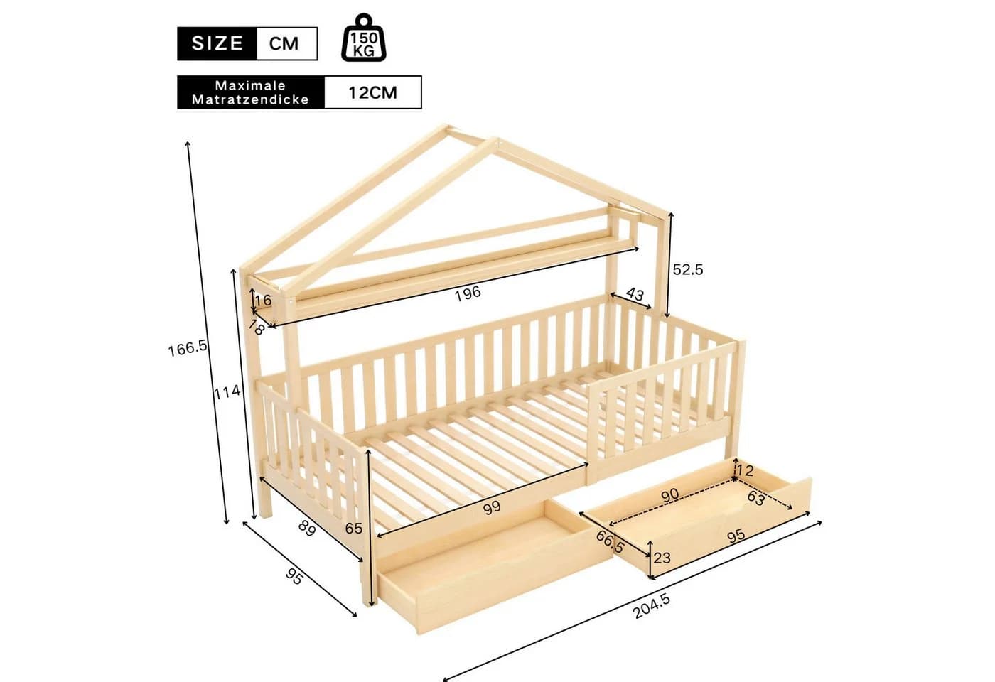 Flieks Kinderbett Hausbett Einzelbett Kiefer mit Ablageregal und 2 Schubladen - Bild 4