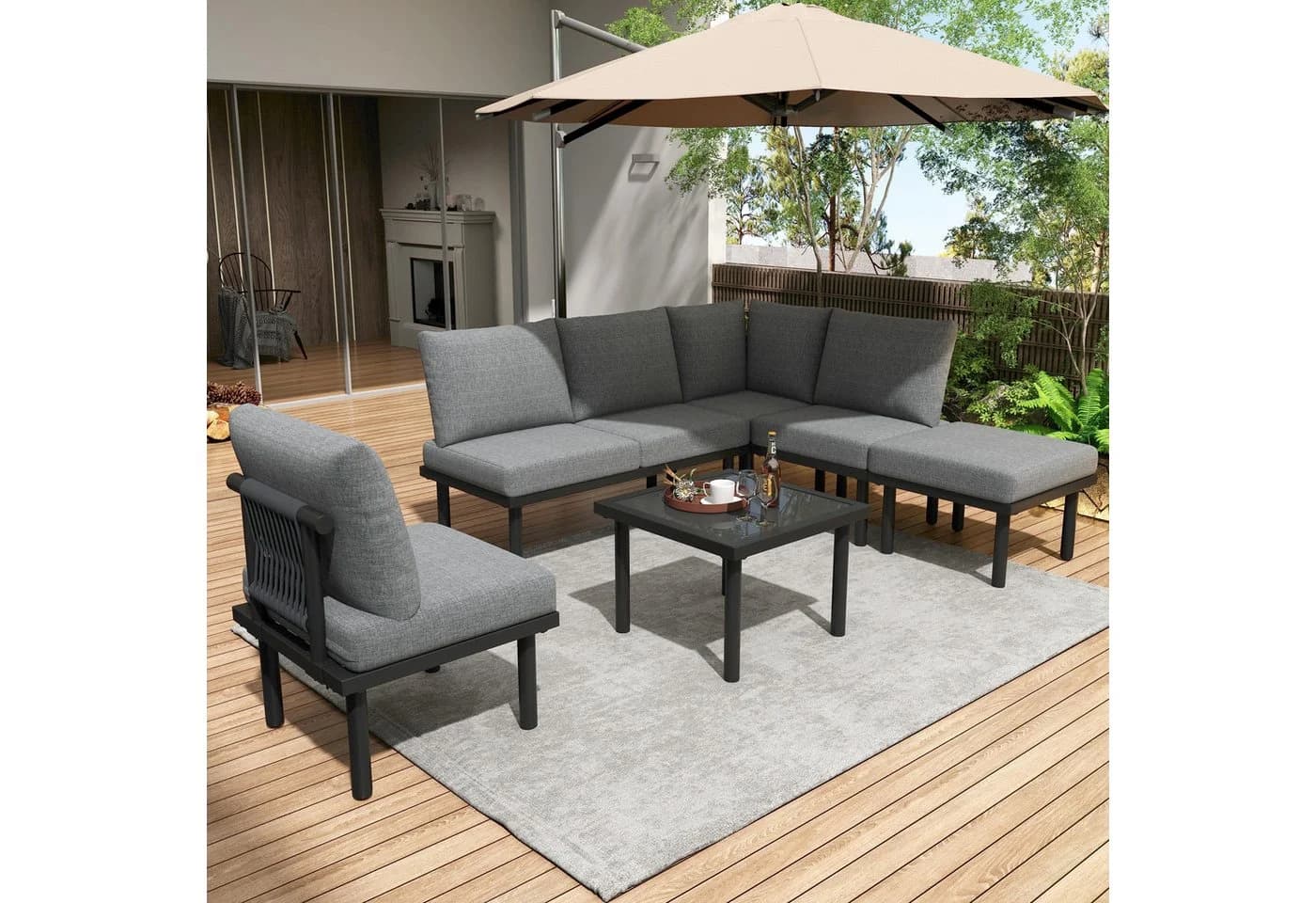 Flieks Gartenlounge-Set 6-Sitzer Grau Seil Glastisch