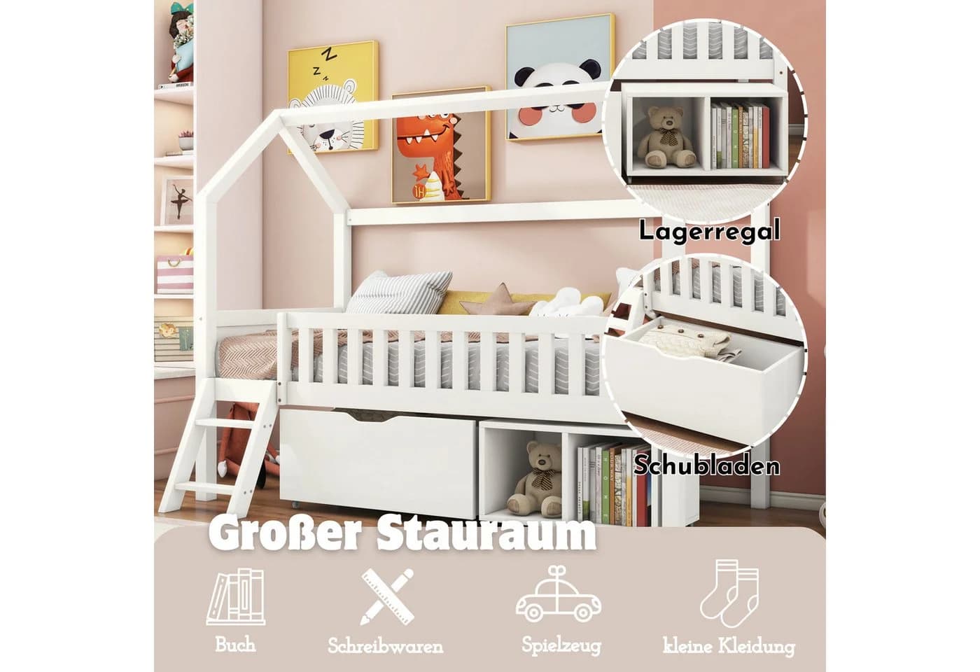 Flieks Hochbett Hausbett Kinderbett mit Stauraumfächern Kiefer - Bild 3