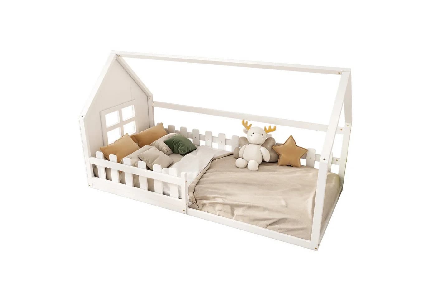 Flieks Massivholzbett Kinderbett Hausbett Einzelbett 90x200cm mit Lattenrost und Zaun - Bild 2
