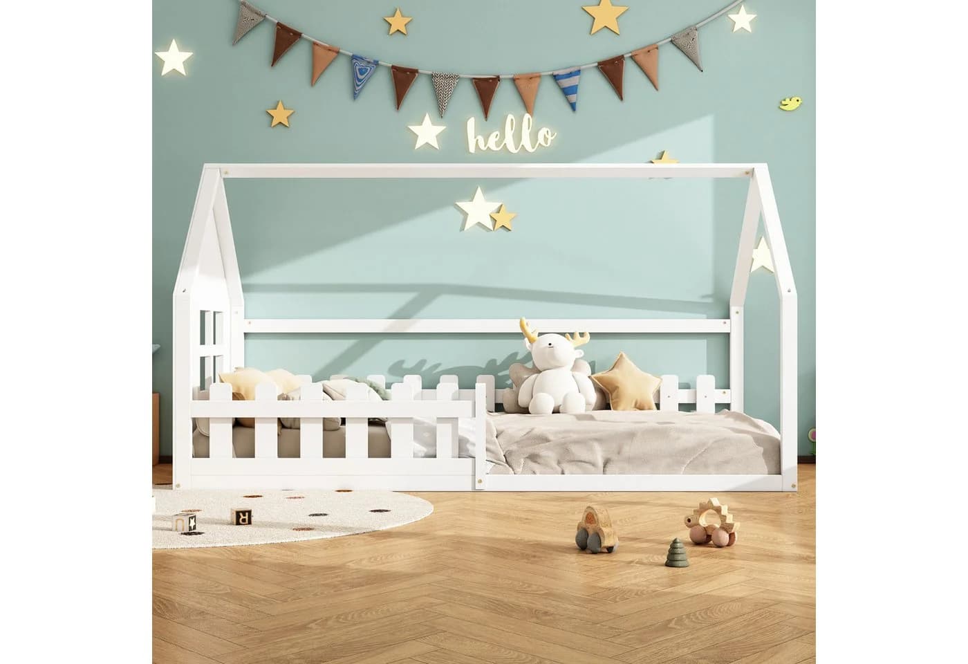 Flieks Massivholzbett Kinderbett Hausbett Einzelbett 90x200cm mit Lattenrost und Zaun - Bild 3