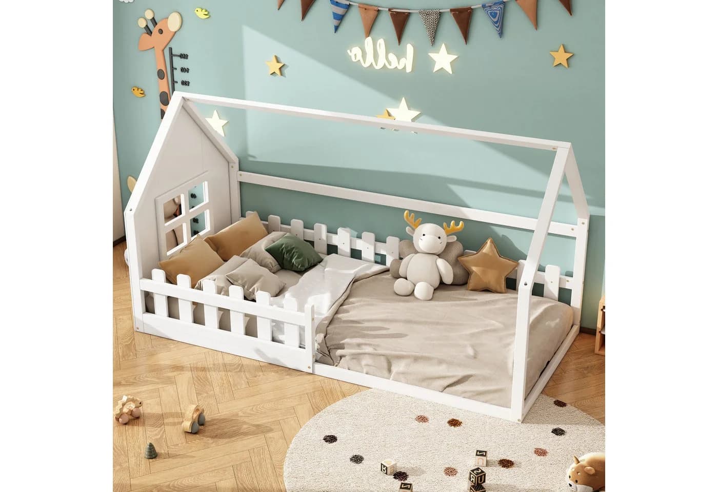 Flieks Massivholzbett Kinderbett Hausbett Einzelbett 90x200cm mit Lattenrost und Zaun - Bild 4