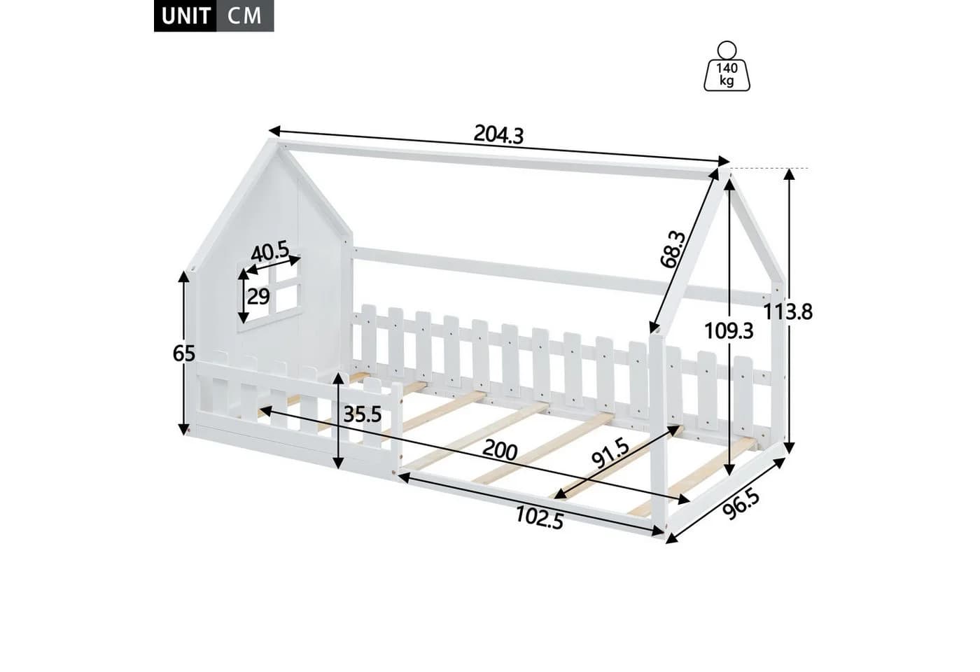 Flieks Massivholzbett Kinderbett Hausbett Einzelbett 90x200cm mit Lattenrost und Zaun - Bild 5