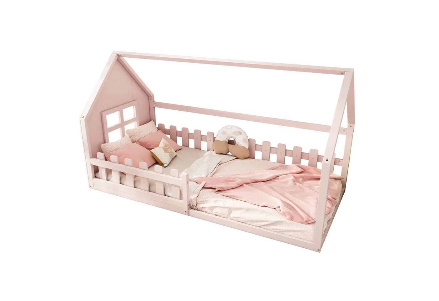 Flieks Massivholzbett Kinderbett Hausbett Einzelbett 90x200cm mit Lattenrost und Zaun - Bild 2