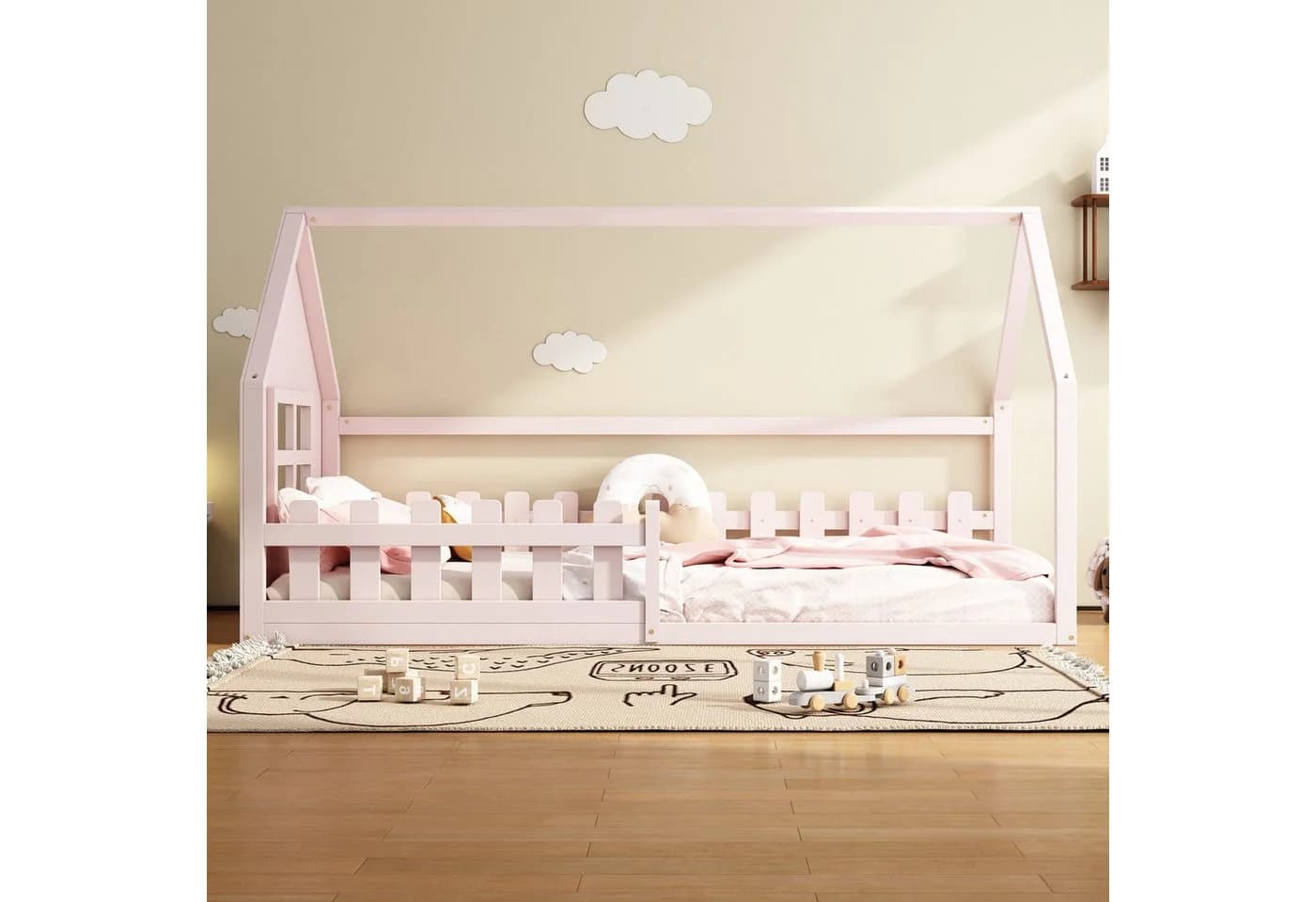 Flieks Massivholzbett Kinderbett Hausbett Einzelbett 90x200cm mit Lattenrost und Zaun - Bild 3