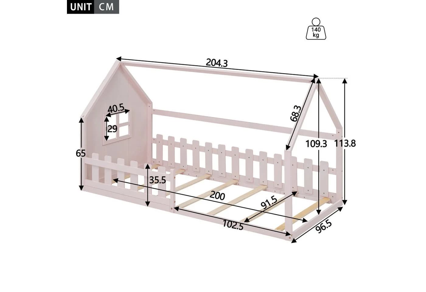 Flieks Massivholzbett Kinderbett Hausbett Einzelbett 90x200cm mit Lattenrost und Zaun - Bild 5