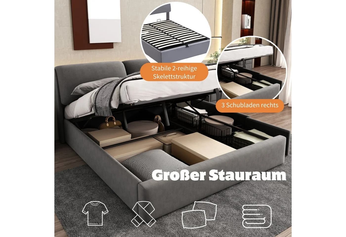 Flieks Polsterbett Grau Hydraulisches Stauraumbett mit 3 Schubladen - Bild 4