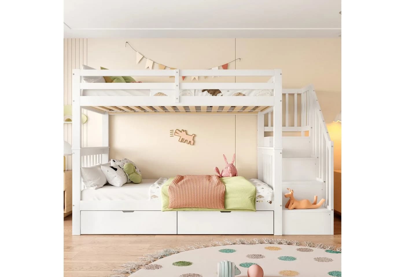 Flieks Etagenbett mit Stauraumtreppe und 2 Schubladen Weiß