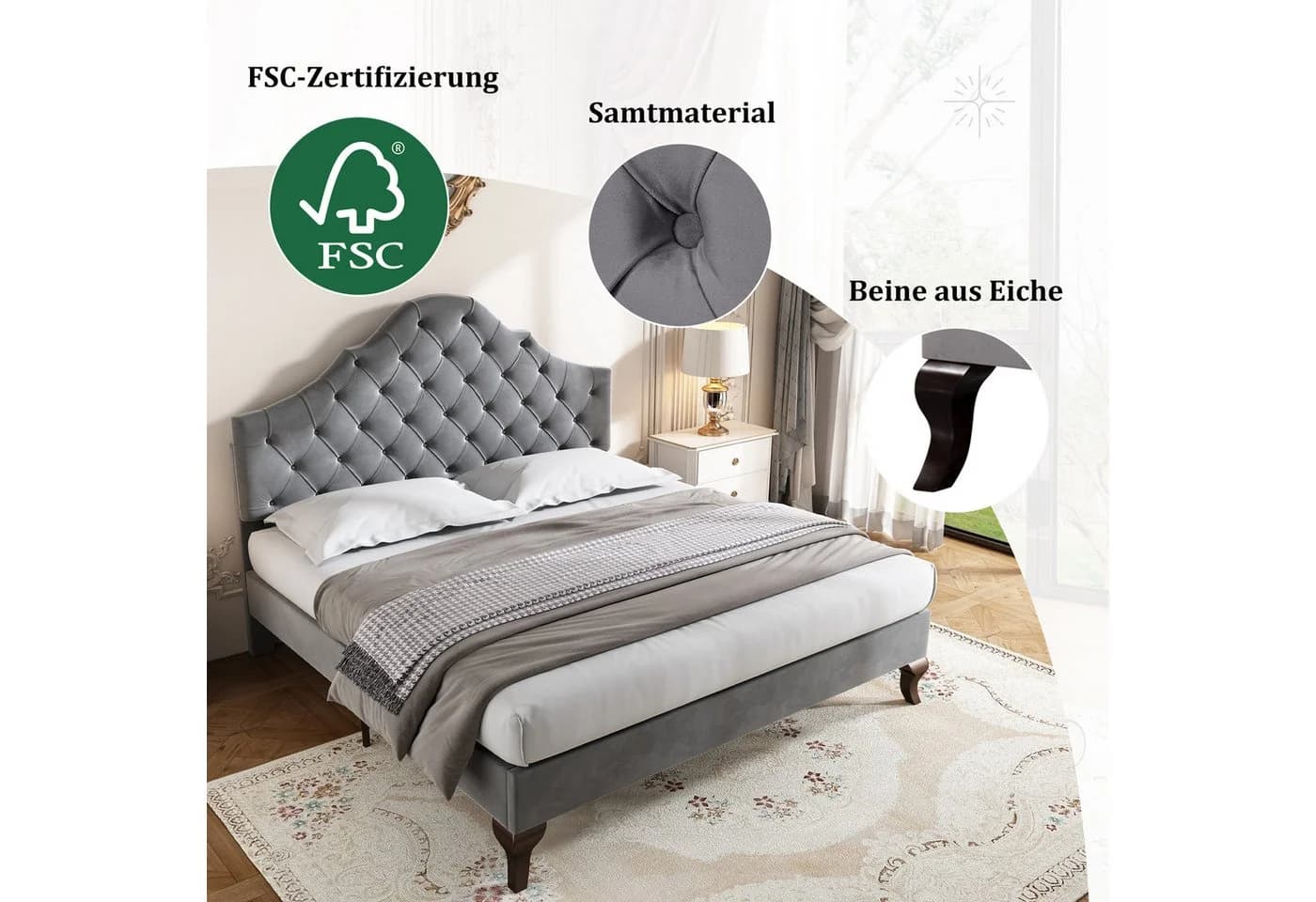 Flieks Polsterbett Grau Samt mit höhenverstellbarem Kopfteil - Bild 4