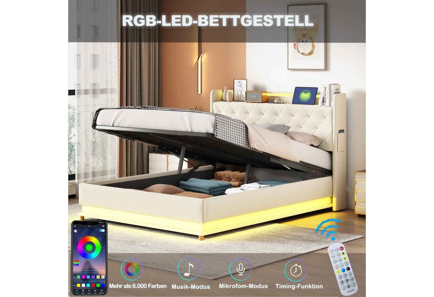 Flieks Polsterbett mit LED-Beleuchtung und Hydraulik-Stauraum - Bild 3