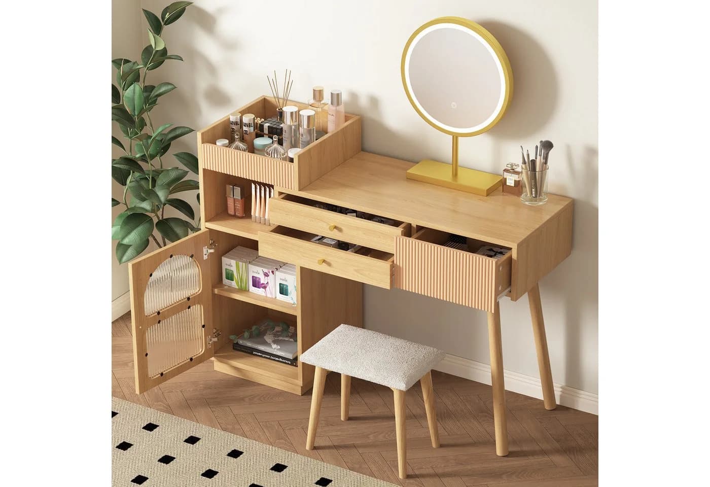 Flieks Schminktisch mit LED-Spiegel und Seitenschrank Beige