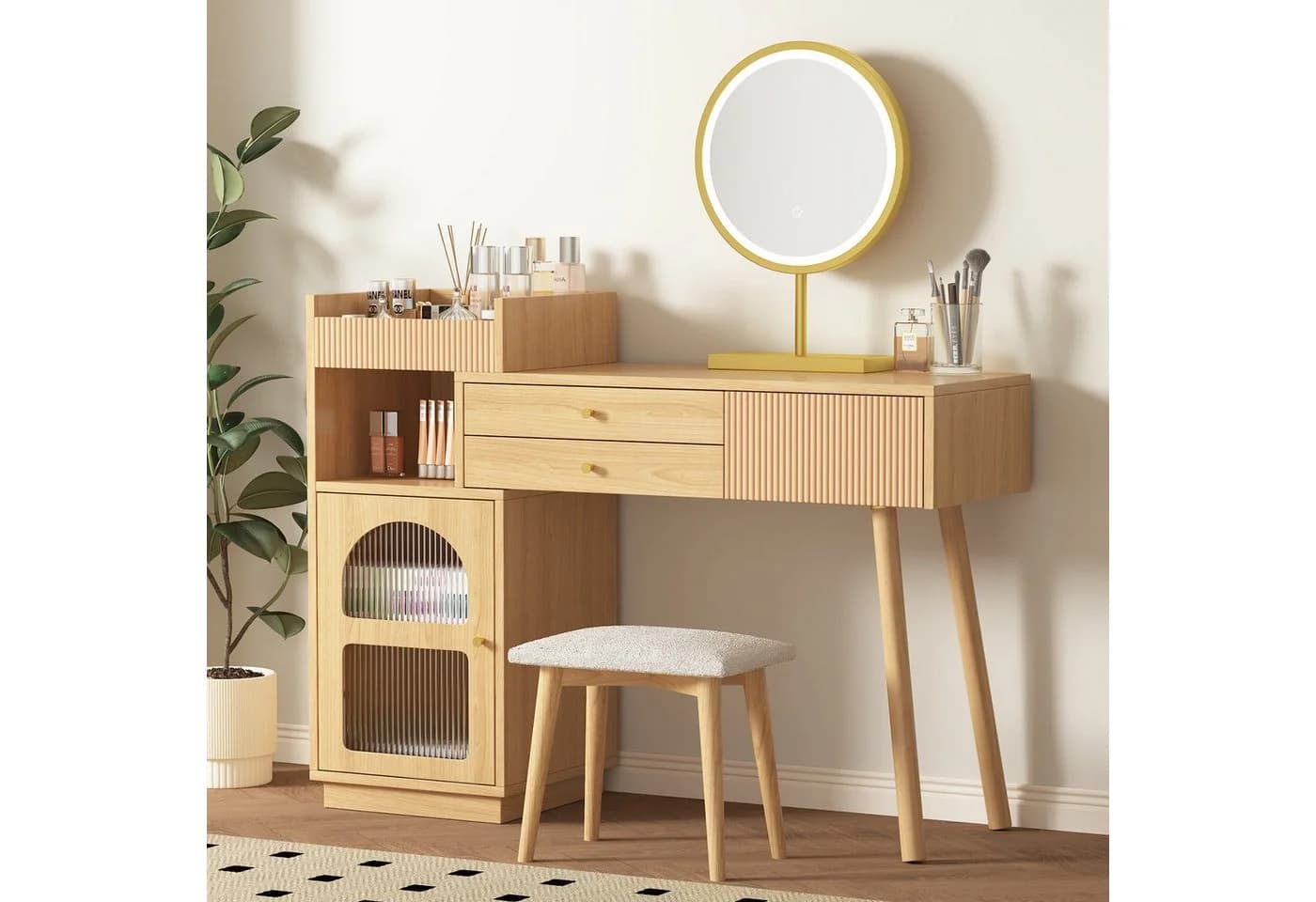 Flieks Schminktisch mit LED-Spiegel und Seitenschrank Beige - Bild 2