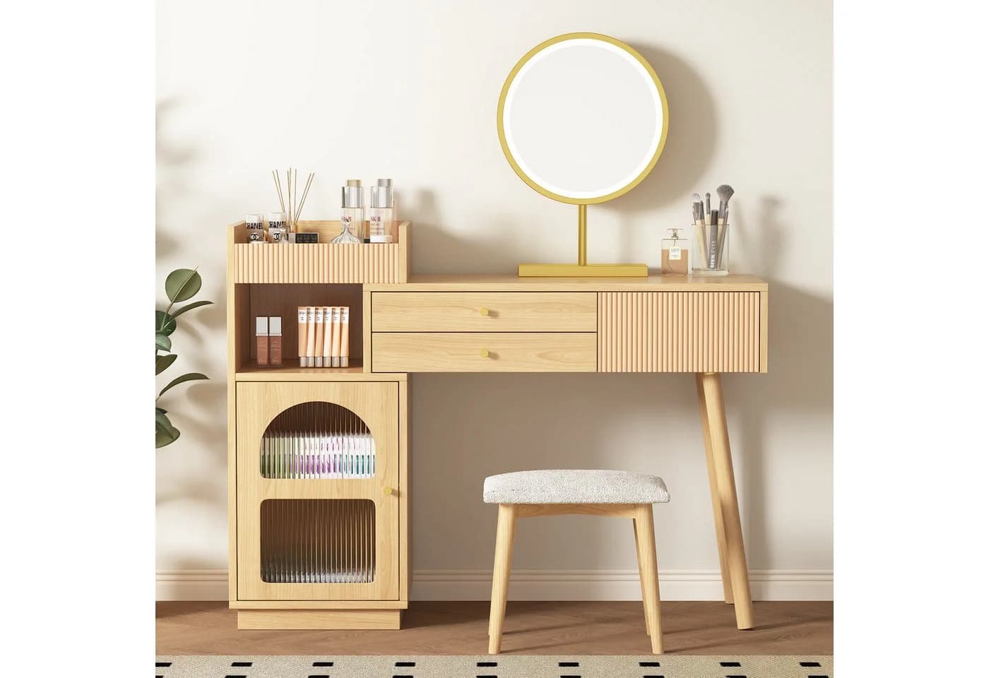 Flieks Schminktisch mit LED-Spiegel und Seitenschrank Beige - Bild 3