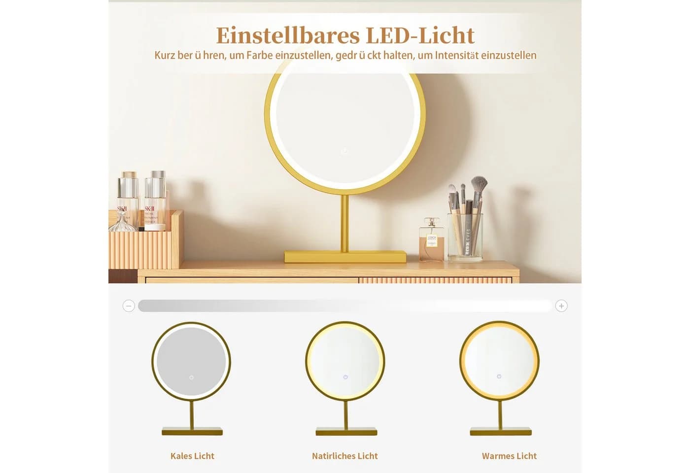 Flieks Schminktisch mit LED-Spiegel und Seitenschrank Beige - Bild 4