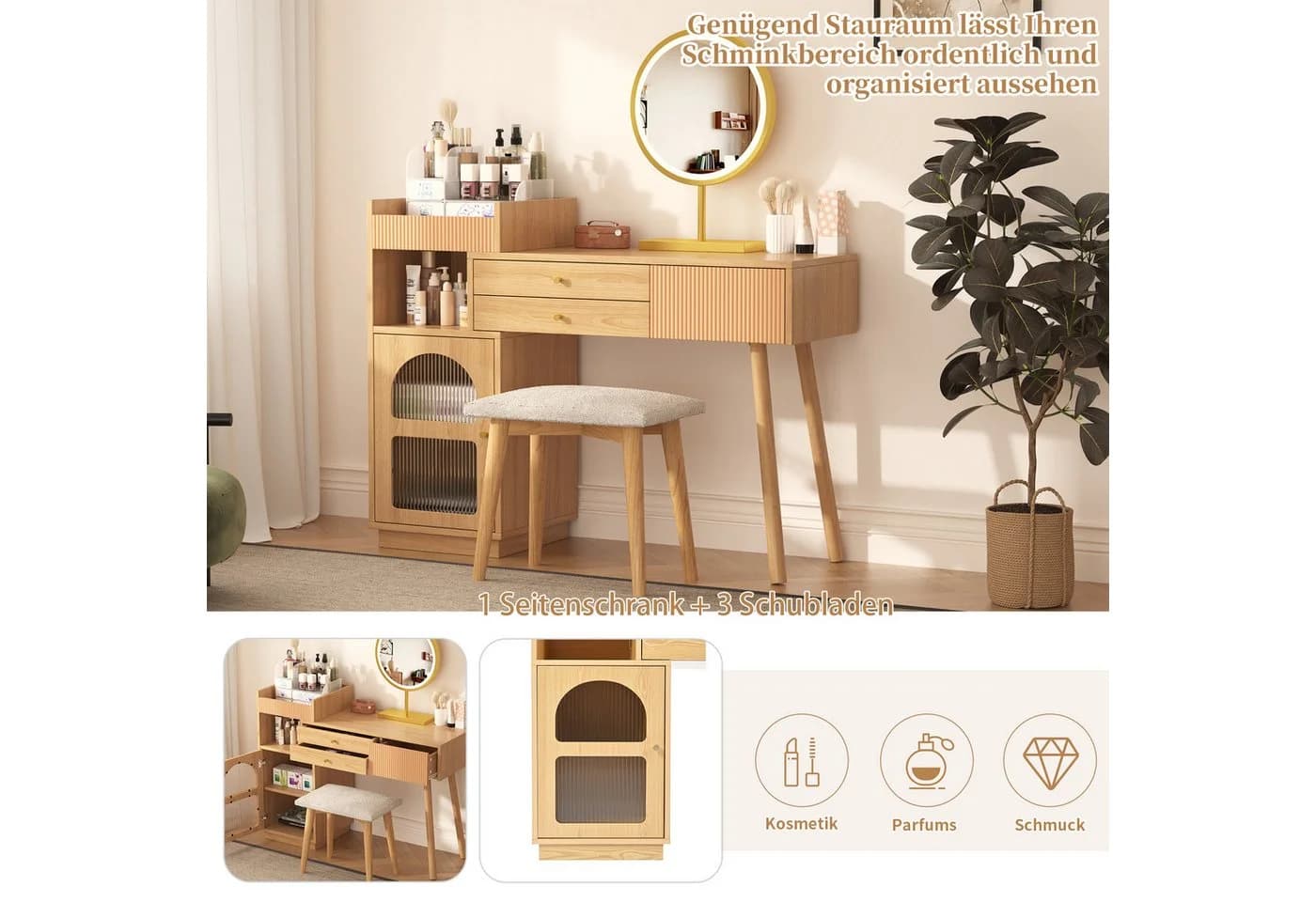 Flieks Schminktisch mit LED-Spiegel und Seitenschrank Beige - Bild 5