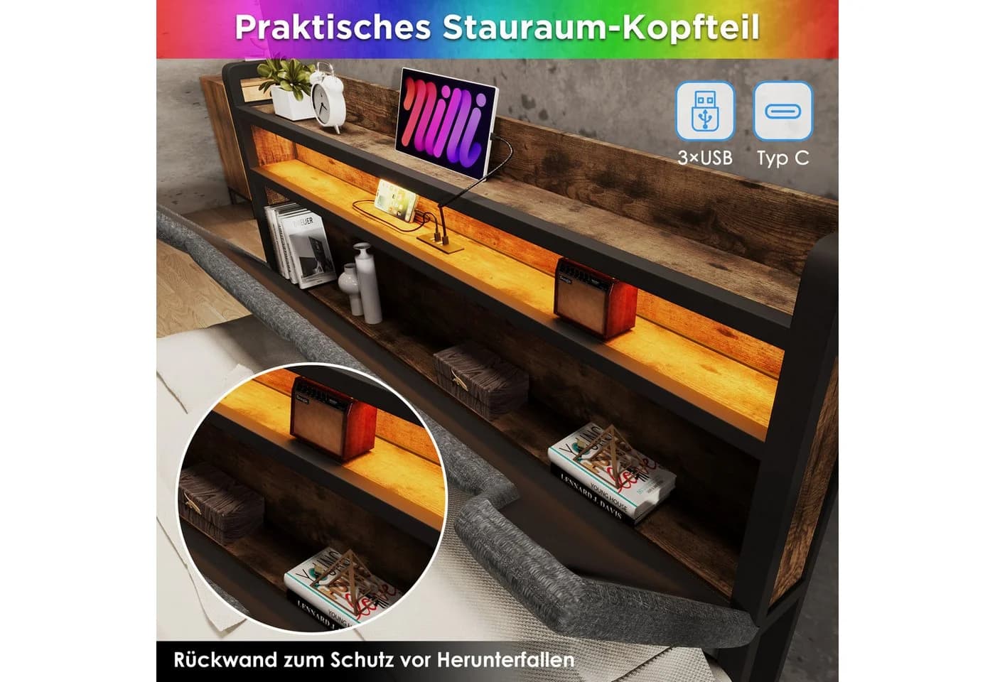 Flieks Polsterbett mit LED und Stauraum Kopfteil Grau - Bild 3