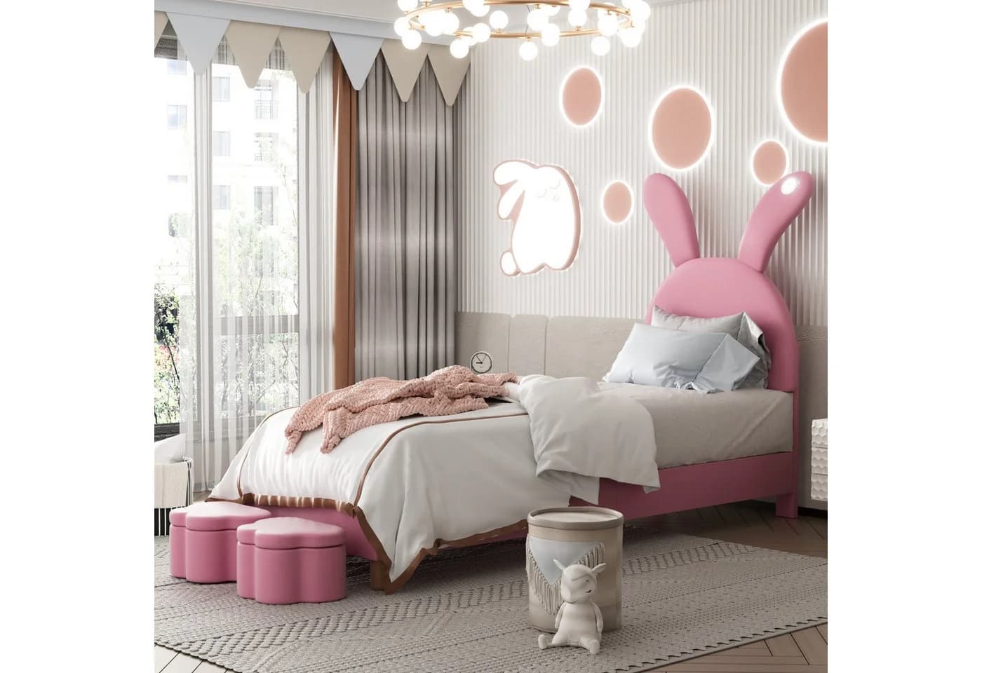 Flieks Polsterbett LED Kinderbett Rosa mit Hasenohren