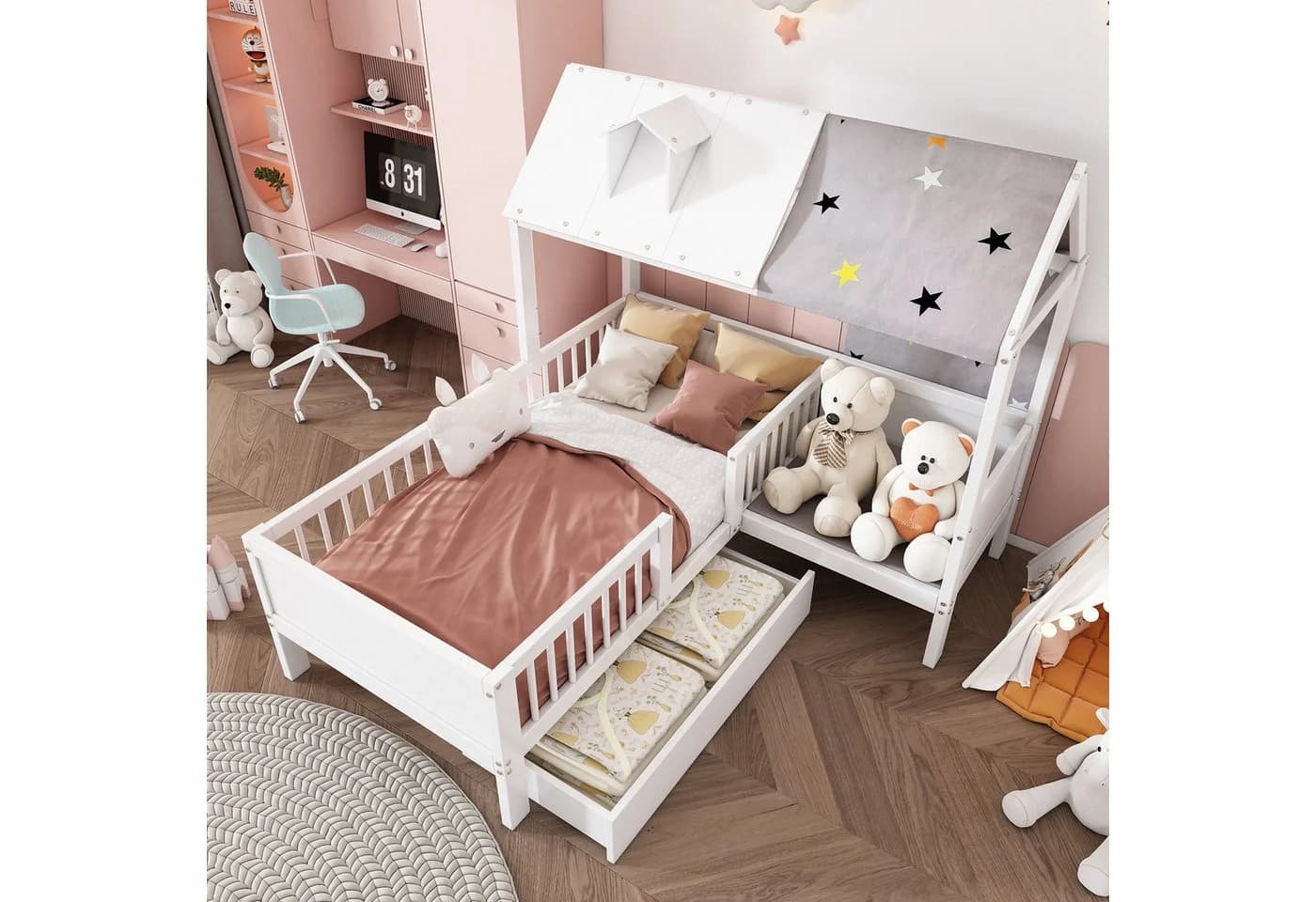 Flieks Kinderbett Massivholz Hausbett mit Zeltstoff und Schublade