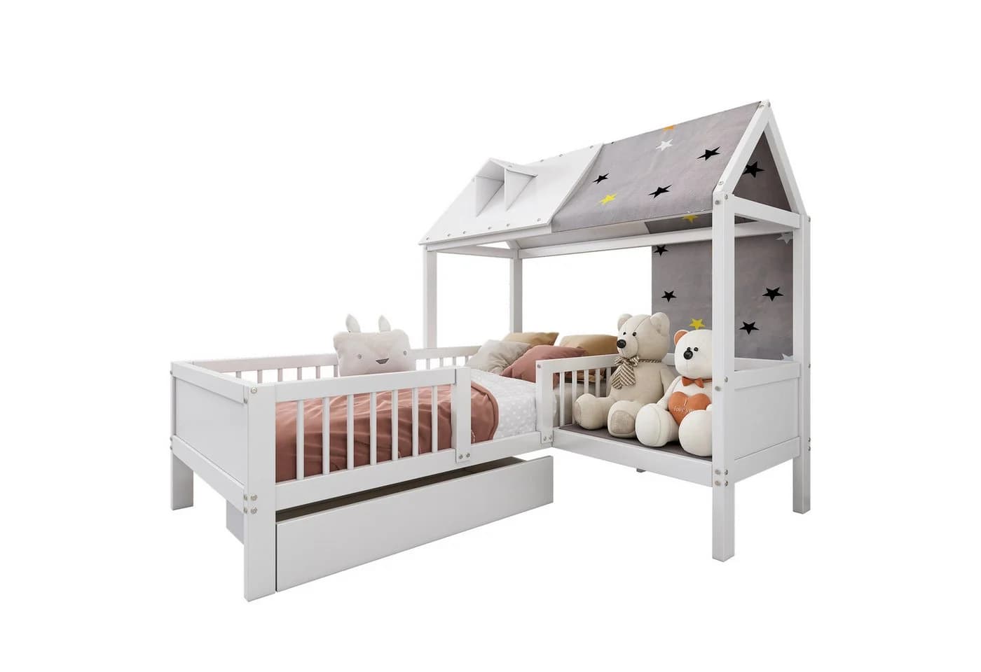 Flieks Kinderbett Massivholz Hausbett mit Zeltstoff und Schublade - Bild 2