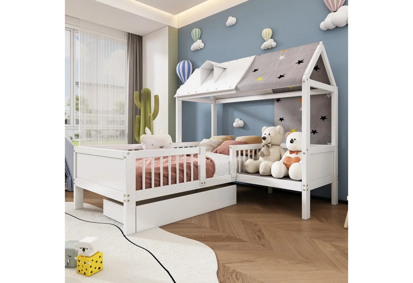 Flieks Kinderbett Massivholz Hausbett mit Zeltstoff und Schublade - Bild 3