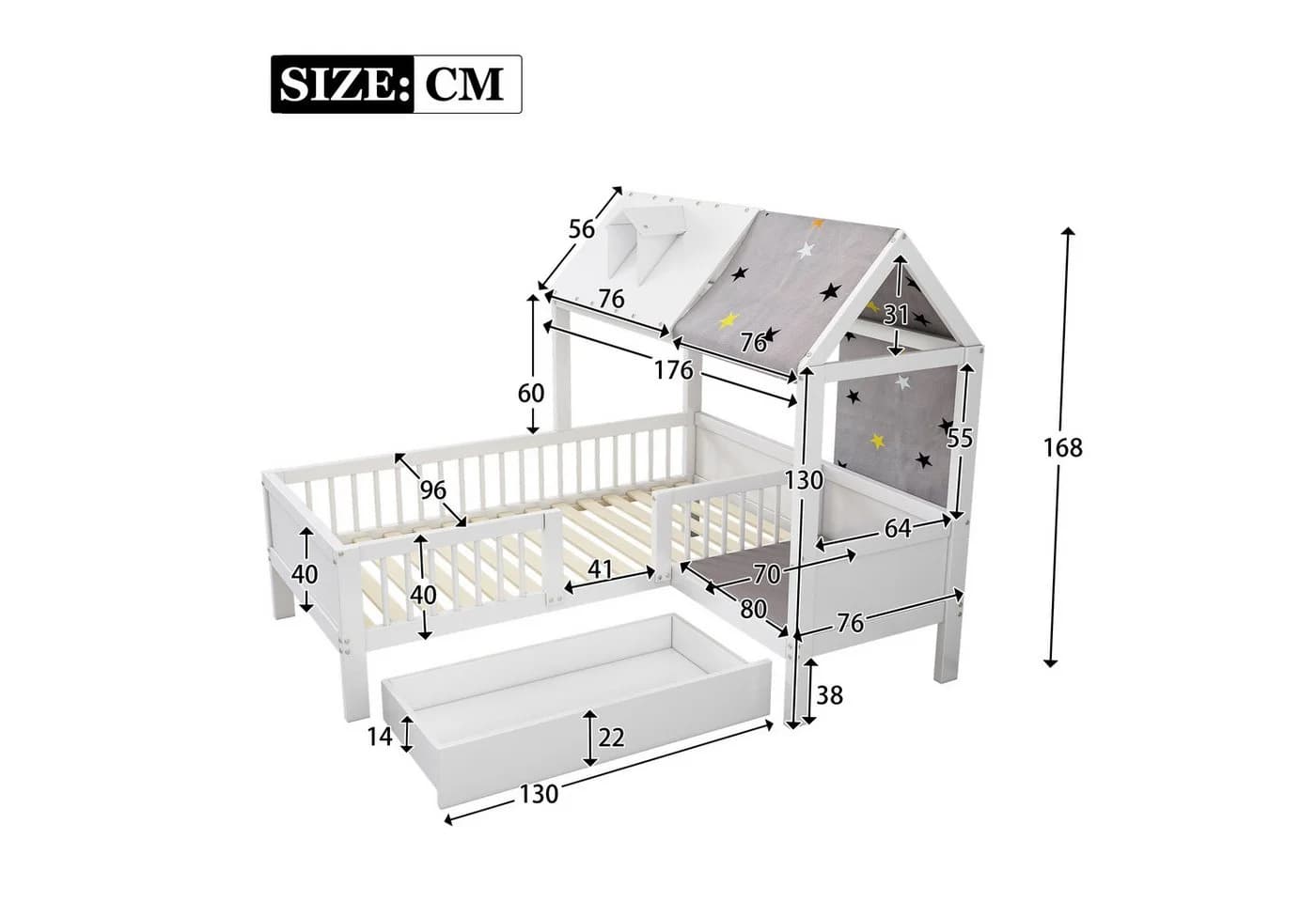 Flieks Kinderbett Massivholz Hausbett mit Zeltstoff und Schublade - Bild 4