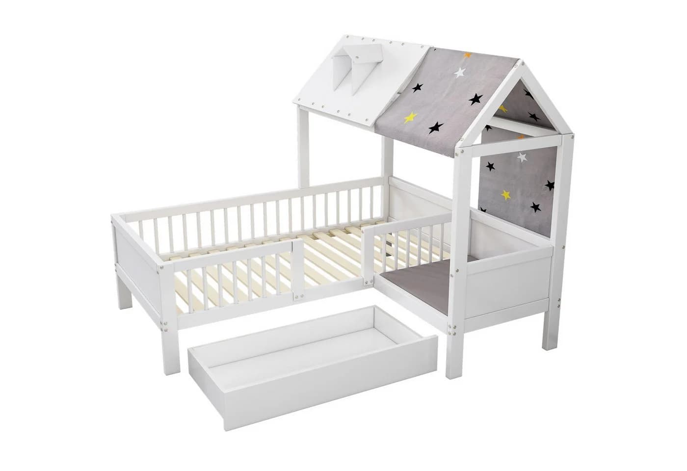 Flieks Kinderbett Massivholz Hausbett mit Zeltstoff und Schublade - Bild 5