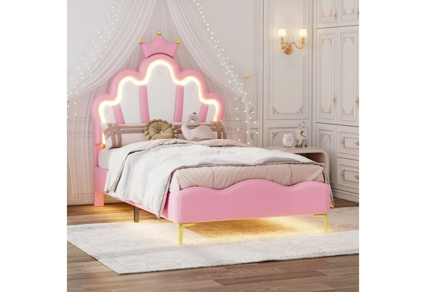 Flieks Polsterbett LED Kinderbett Rosa Prinzessin Krone