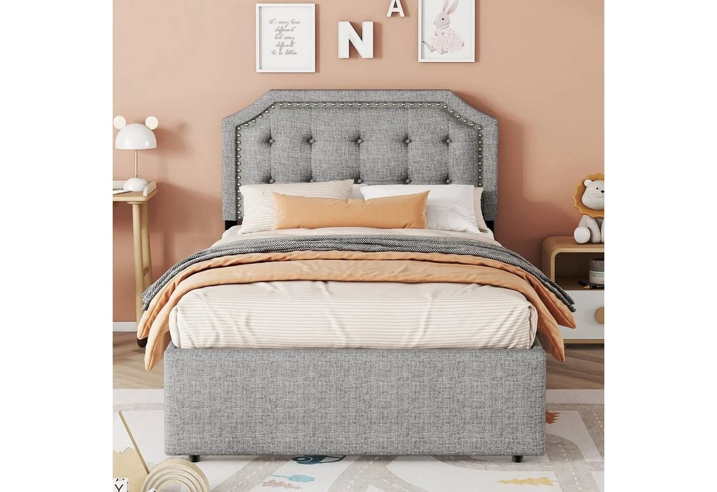 Flieks Polsterbett Einzelbett 90x200cm Grau mit Schubladen