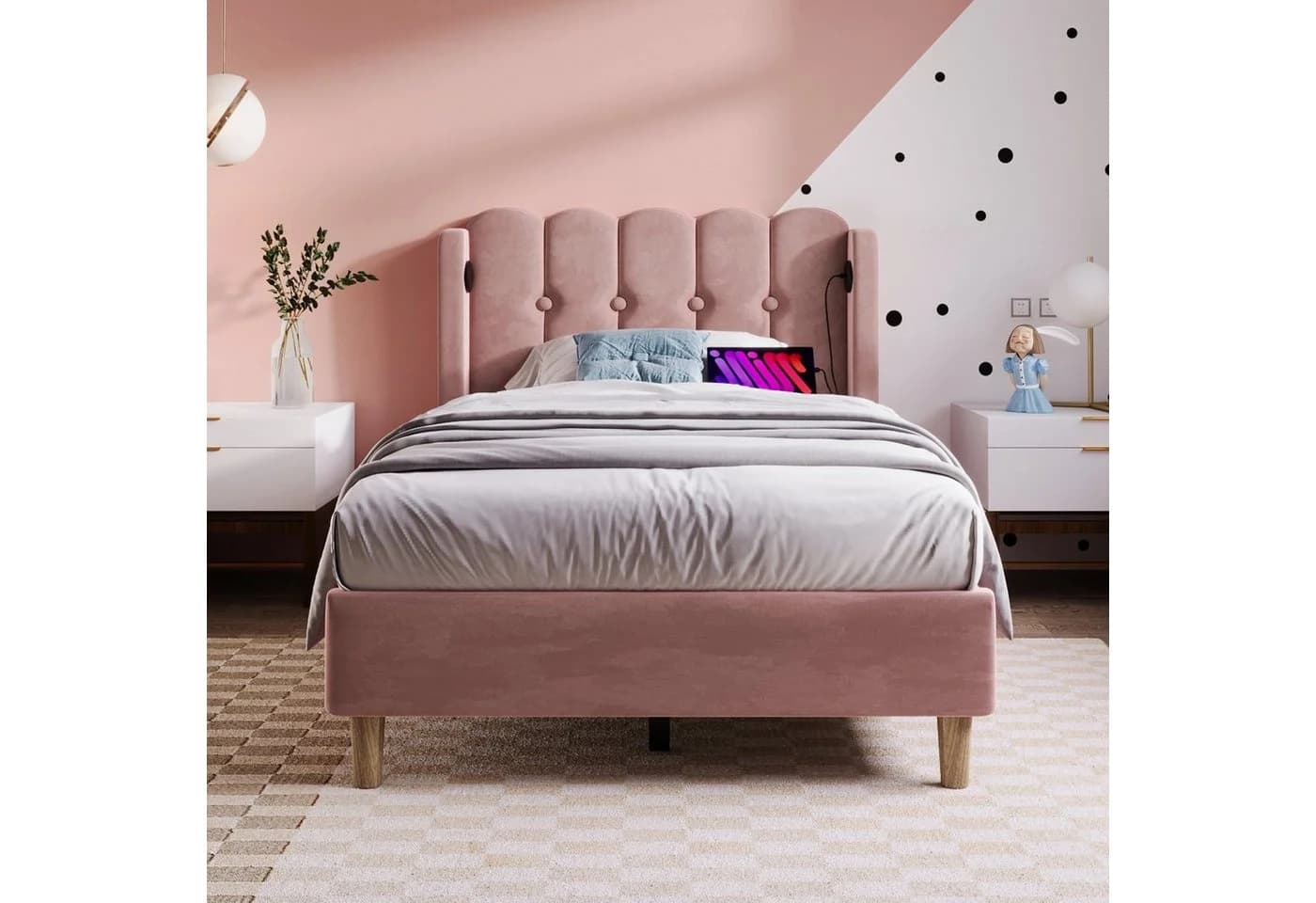Flieks Polsterbett Einzelbett Rosa Samt USB/Typ-C Ladeanschlüsse